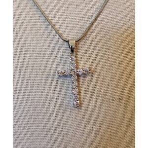 Pale Pink Crystal Silver Tone Cross Necklace